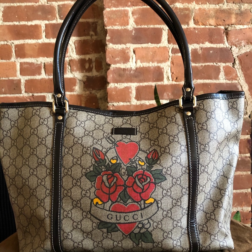 Gucci Monogram Canvas Rose Tattoo Tote